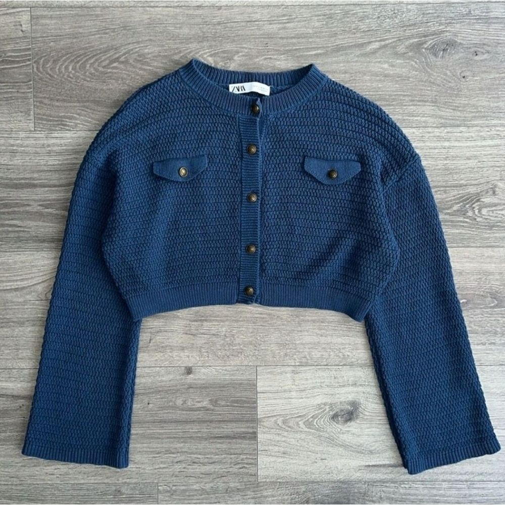 🐢 ZARA Knit Cropped Cardigan Blue Relaxed Wide Sleeves Coquett S